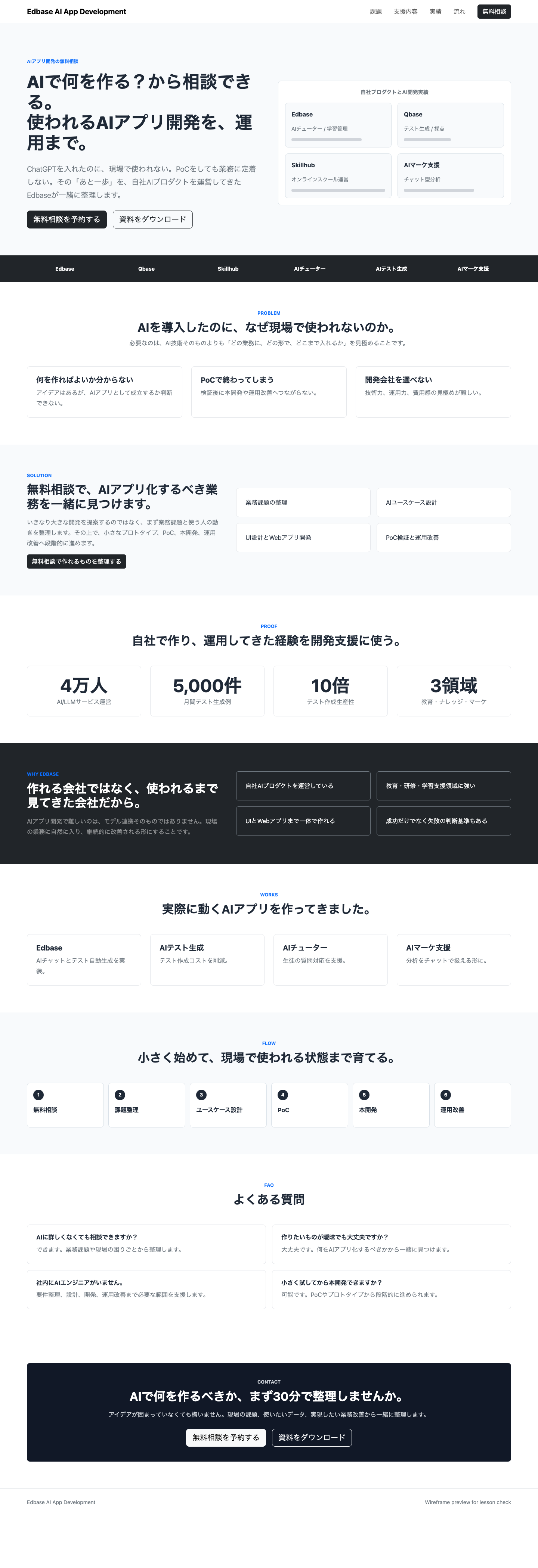 preview.htmlを上から下まで縦長で表示した画面。FV、課題提起、解決策、選ばれる理由、実績、流れ、FAQ、最終CTAが縦に連なっている。