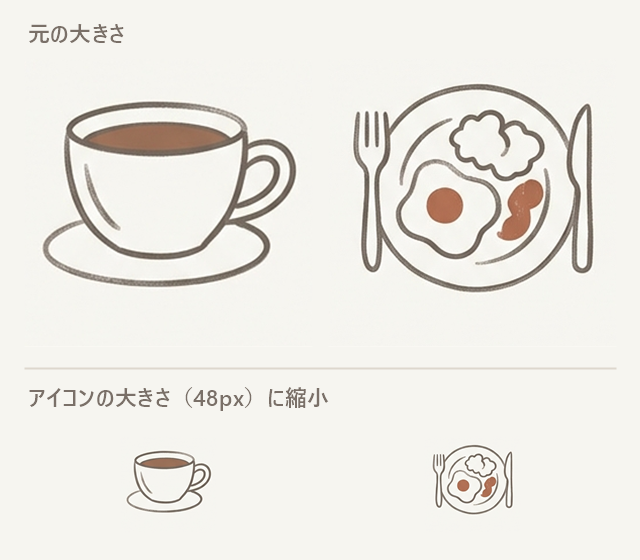 1回目のコーヒーとランチのアイコン。48pxに縮小しても形がはっきりわかる