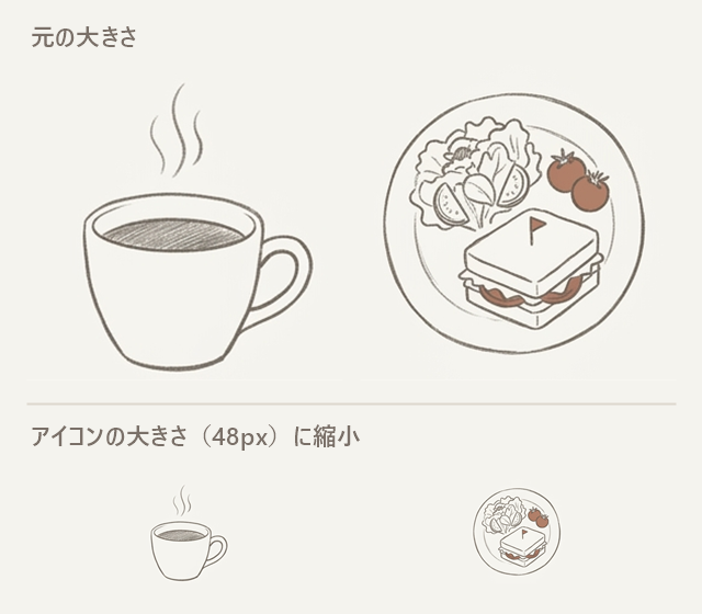 2回目のコーヒーとランチのアイコン。48pxに縮小すると線が薄くなり、ランチの細かな部分がつぶれる