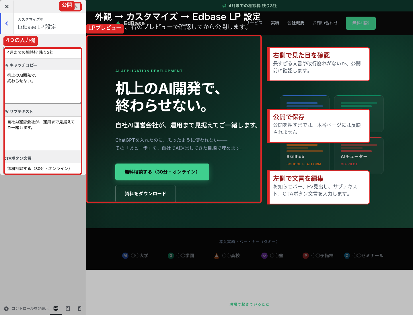 注釈入りのWordPressカスタマイザー画面。左の入力欄、右のLPプレビュー、公開ボタンが赤枠で示されている。