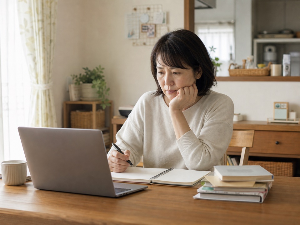 家庭で学び直しに不安を感じる女性