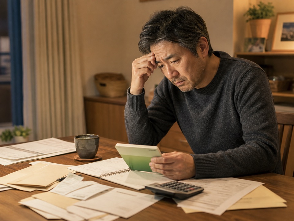 家計と将来のお金に不安を感じる男性
