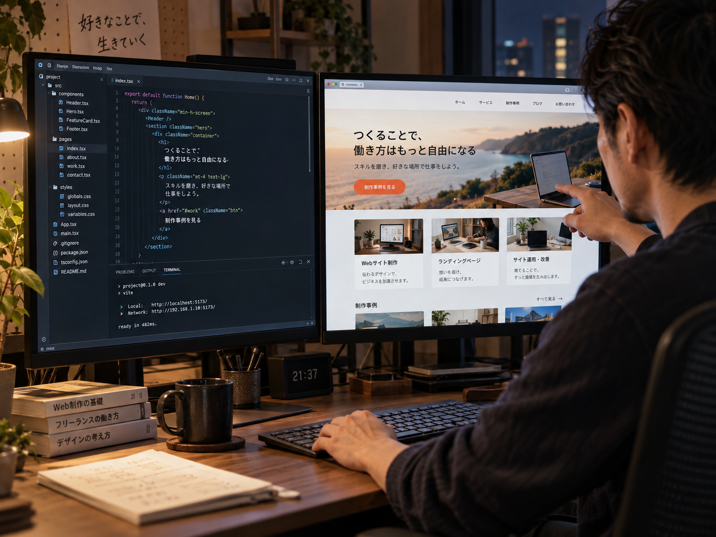 コード画面と完成したWebページを見比べながら制作する男性