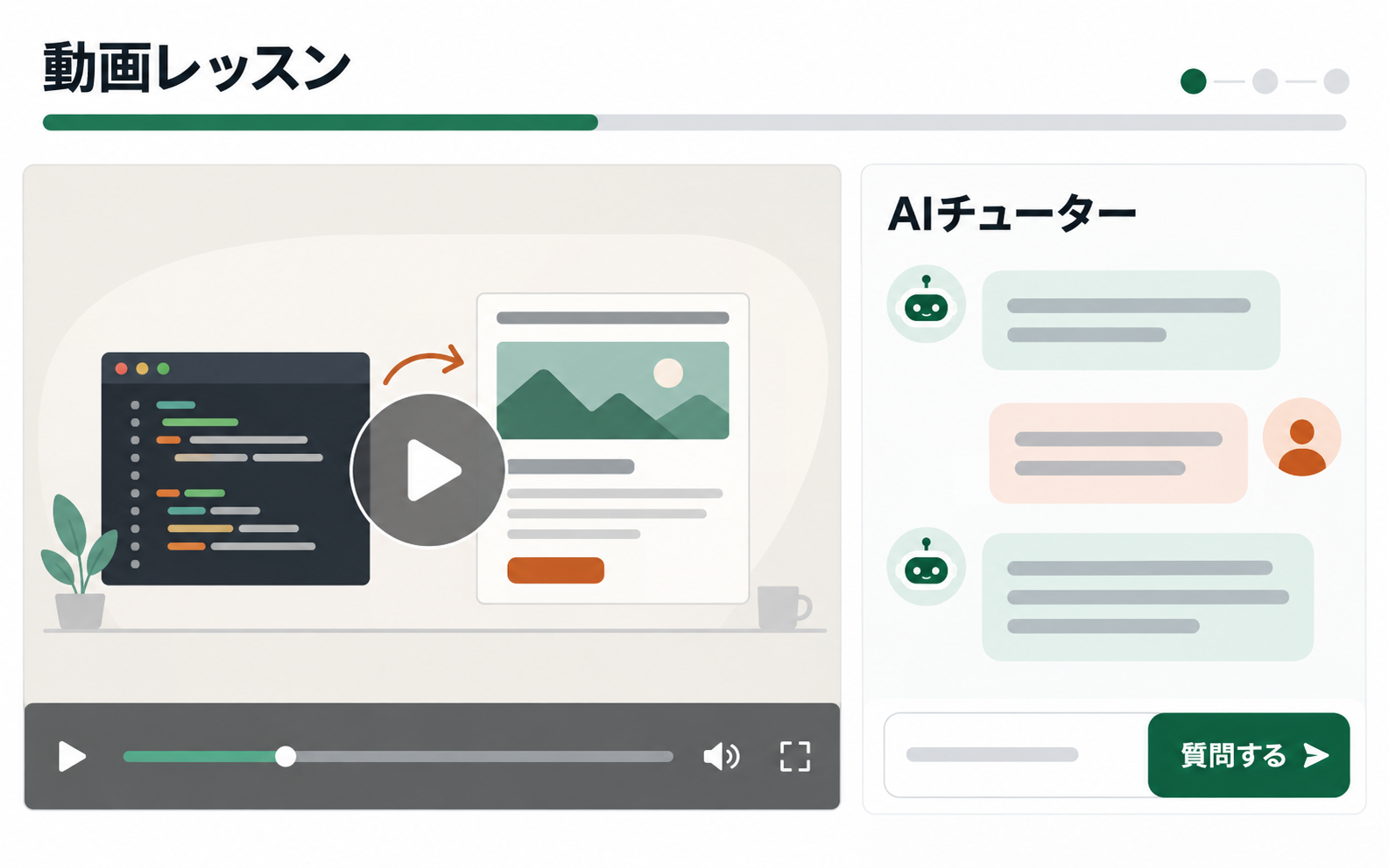 Skillhubの動画レッスンとAIチューターで学ぶクラスルーム画面