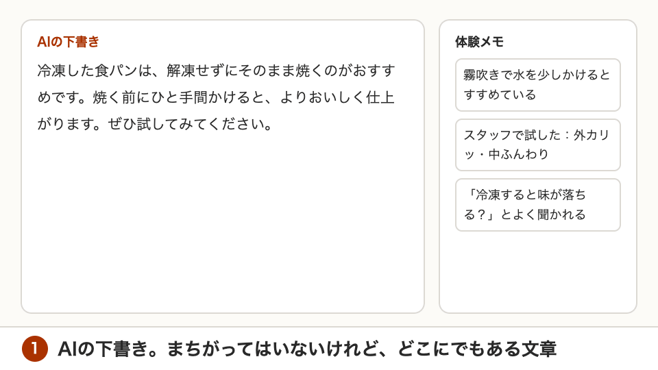 AIの下書きに、体験メモの言葉が入っていく（緑の部分が、自分で足したところ）